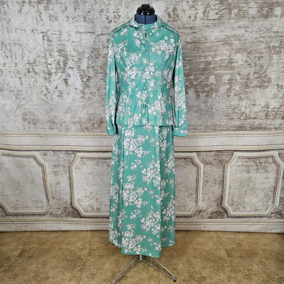 Vintage 1970s M Maxi Dress & Jacket Green Floral Mod Vintage VTG 70s Sleeveless - Picture 3 of 16